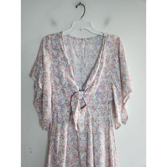 Faithful the Brand "Massimo" Pink Floral Tie Front Flare Sleeve Midi Dress sz 4 - Picture 9 of 11